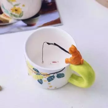Нарисованная от руки мультяшная 3D-кружка для кофе с изображением кота, ловящего рыбу, 450 мл, питьевая вода, креативное животное, очень милый и забавный дизайн, керамика 450ML