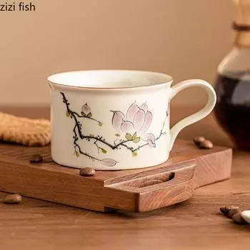 Нарисованная вручную керамическая кружка Magnolia, креативная кофейная чашка с тарелкой и ложкой, чашка для послеобеденного чая, чашка для чая с молоком, чашки для воды 125ML