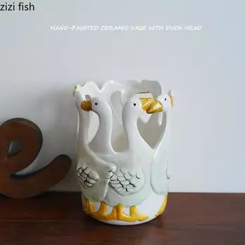 Нарисованная вручную керамическая ваза в форме утки, цветочный горшок с животными, цветочные композиции для дома, цветочные сосуды, ваза для сухих цветов, гидропонные вазы