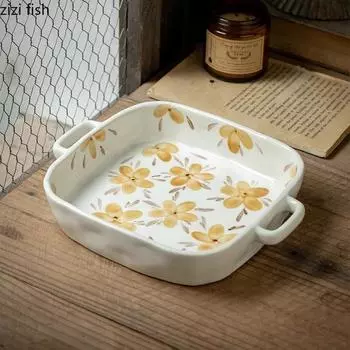 Нарисованный вручную цветок Керамическая тарелка с двумя ушками Жаропрочная тарелка для барбекю Тарелка для закусок Салатные тарелки Креативная посуда для отелей