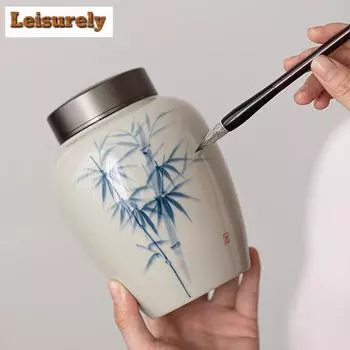 Нарисованный вручную органайзер для чайной коробки из синего бамбука, влагостойкие старинные контейнеры для хранения, чайница, чайный сервиз, украшения