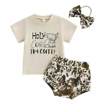 Наряд для девочки в стиле вестерн, футболки с короткими рукавами и надписью, шорты из коровьей шерсти, повязка на голову с бантом, летний комплект из 3 предметов 6-12 Months абрикосовый