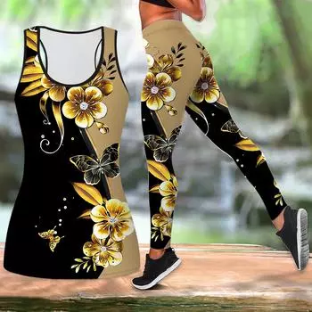 Наряд для йоги с золотыми цветами и принтом для женщин, модные леггинсы для тренировок, спортивные повседневные штаны для фитнеса и йоги XS чёрный