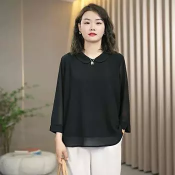 Наряд для мамы большого размера, свободная рубашка из шифона Tencel для людей среднего и пожилого возраста, стройный широкий топ для жены с кукольным воротником L чёрный