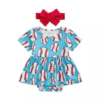 Наряд для новорожденных девочек 6, 12, 18, 24 месяцев, комбинезон трапециевидной формы с короткими рукавами и круглым вырезом и бейсбольным принтом, одежда с повязкой на голову 0-6 Months синий