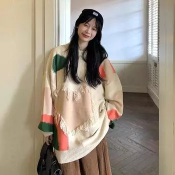 Наряд для пары, пуловер с кисточками, женский осенне-зимний повседневный свитер с длинными рукавами и круглым вырезом, высококачественный вязаный свитер, женский пуловер One Size серый