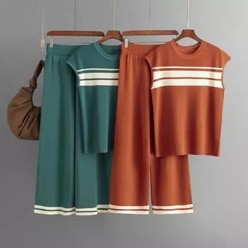 Наряд из 2 предметов Майка с круглым вырезом и высокой талией Широкие ноги Одежда для отдыха Пуловер без рукавов Эластичная талия Широкие штанины Элегантные повседневные деловые комплекты one size хаки