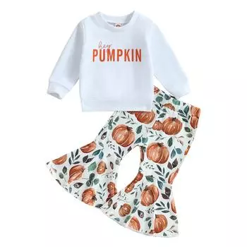 Наряд на Хэллоуин для маленьких девочек, толстовка с длинными рукавами и тыквой, топы, расклешенные брюки с леопардовым принтом, комплект одежды на Хэллоуин 18-24 Months коричневый