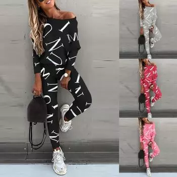 Наряд с принтом букв, топ с длинным рукавом, весенняя женская блузка, брюки, спортивный костюм 2XL чёрный