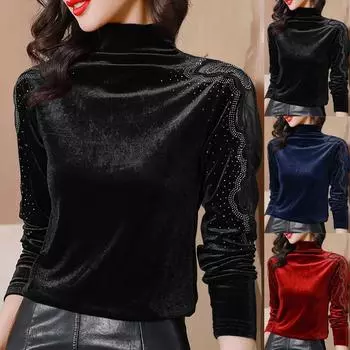 Нарядные бархатные топы для женщин, элегантные кружевные лоскутные футболки с длинным рукавом и высоким воротом, деловые повседневные блузки для вечеринок L чёрный