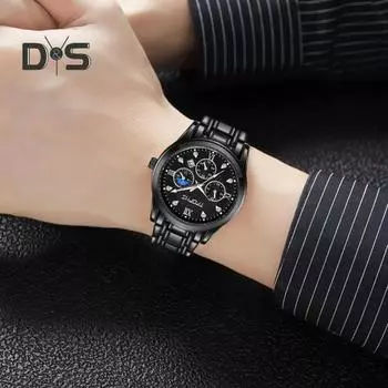 Нарядные мужские часы с хронографом, роскошные кварцевые часы с фазой Луны, бизнес-календарь, наручные часы для повседневной официальной одежды розового золота