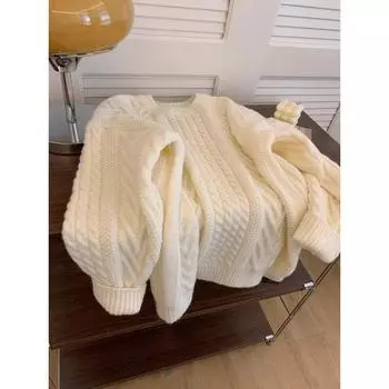 Нарядный свободный молочный фуфу белый свитер крупной вязки Milky White M Suggested 45.00 kg-52.50 kg