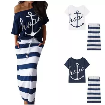 Наряды для женщин, летняя официальная футболка с короткими рукавами и принтом, юбка, костюм из 2 предметов