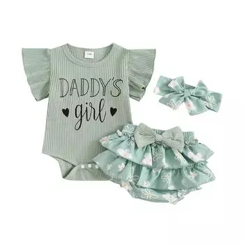 Наряды на День отца для маленьких девочек 3, 6, 9, 12, 18 месяцев, комбинезон с рукавами-крылышками и буквенным принтом, шорты с цветочным принтом и повязкой на голову, летний комплект из 3 предметов 0-3 Months фиолетовый