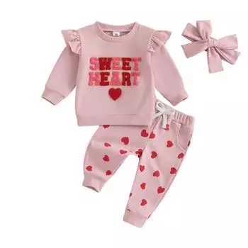 Наряды на День святого Валентина для маленьких девочек, свитшот с вышитыми буквами, оборками и длинными рукавами, а также штаны с принтом в виде сердца, повязка на голову 0-6 Months розовый