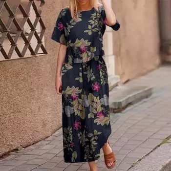 Наряды с цветочным принтом. Женская рубашка с короткими рукавами и брюки. Летний костюм из двух предметов. S жёлтый