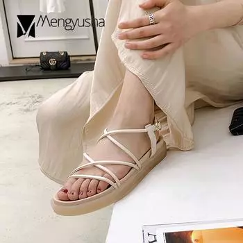 Narrow band transparent muffins sandals women buckle strap flats gladiator sandalias creepers open toe roman shoes for women 5 абрикосовый