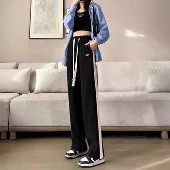 Narrow Wide Leg Track Pants Women s Fall and Winter 2024 New Arrival Velvet Sweatpants Small High Waist Drooping Straight Casual Pants Black [not Fleece-lined] Regular S