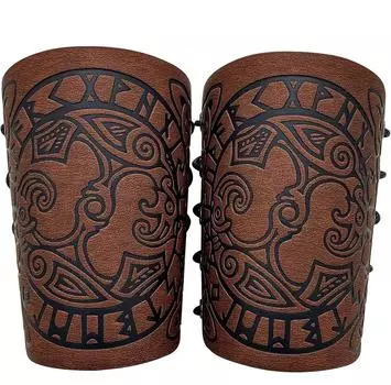 Наручи викингов, броня из искусственной кожи с тиснением норвежских символов, средневековый браслет из искусственной кожи для ролевых игр M-Brown Raven коричневый