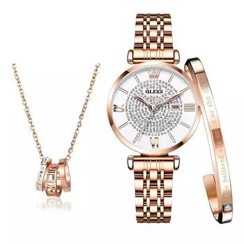наручные кварцевые простые нержавеющая сталь подарок на день для женщин OLEVS подарочный набор женские часы, браслет, ожерелье, бренд, милый, стильный,