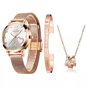 наручные кварцевые простые нержавеющая сталь подарок на день для женщин OLEVS подарочный набор женские часы, браслет, ожерелье, бренд, милый, стильный,