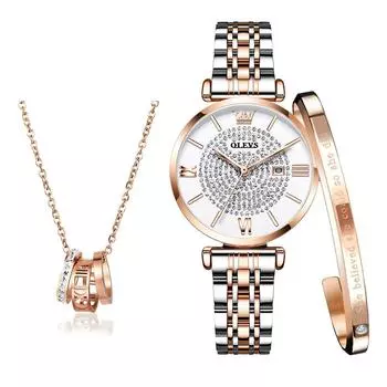 наручные кварцевые простые нержавеющая сталь подарок на день для женщин OLEVS подарочный набор женские часы, браслет, ожерелье, бренд, милый, стильный,