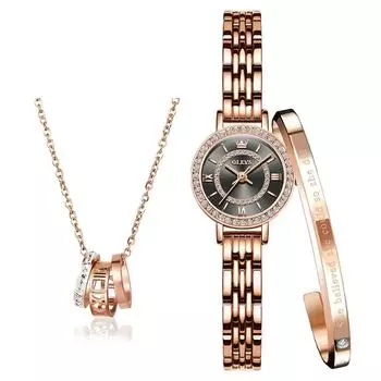 наручные кварцевые простые нержавеющая сталь подарок на день для женщин OLEVS подарочный набор женские часы, браслет, ожерелье, бренд, милый, стильный,