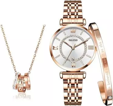 наручные кварцевые простые нержавеющая сталь подарок на день для женщин OLEVS подарочный набор женские часы, браслет, ожерелье, бренд, милый, стильный,