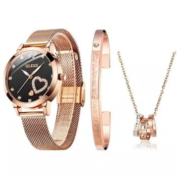 наручные кварцевые простые нержавеющая сталь подарок на день для женщин OLEVS подарочный набор женские часы, браслет, ожерелье, бренд, милый, стильный,
