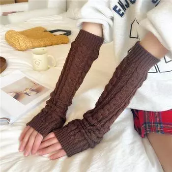 Нарукавник Половина пальца Рукав для руки Женский Горячий Шерстяной Cable Stitch Long Coffee (50cm) One size