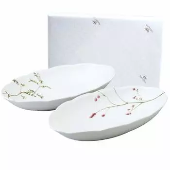 NARUMI Bowl Plate Set Satohana Goyomi Long Diameter 32cm Green Floral Pattern 2 Pattern Set Cute Oval Bowl Wedding Gift Present Tableware Set