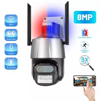 Наружная камера 8MP 4K, двойной объектив, Wi-Fi, сирена, 8-кратный зум, PTZ, скоростная купольная камера видеонаблюдения, локальная сигнализация, Ai, автоматическое слежение, Onivf, IP-камера