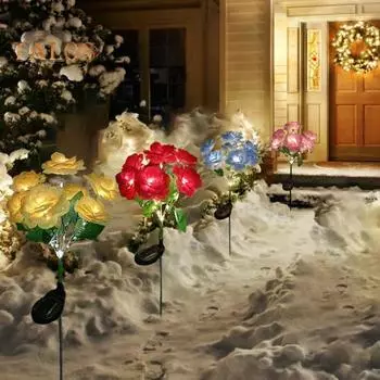 Наружный солнечный садовый светильник с 7 головками, водонепроницаемый, устойчивый к атмосферным воздействиям, простой в установке, на солнечной энергии, светодиодный светильник с цветком розы, украшение двора жёлтый