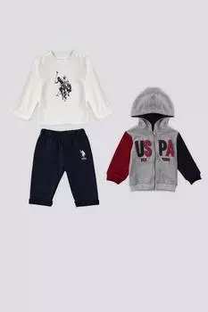 НАС. Детский комплект Polo Assn, серый меланжевый, с капюшоном и молнией, 3 л