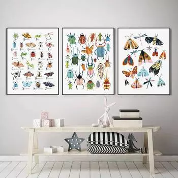 Насекомое Алфавит Wall Art Холст Картина Жук Бабочка Моль Кит Плакаты и принты Скандинавские картины Детская комната Декор Без рамки 21*30cm