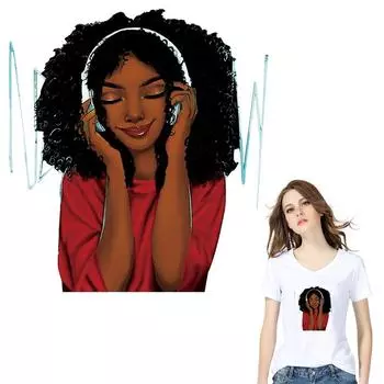 Нашивка для одежды Listen Music Girl, новый дизайн, нашивки для теплопередачи, моющаяся футболка A-уровня, наклейки на джинсы, аппликация на одежду 19.8x21.7cm