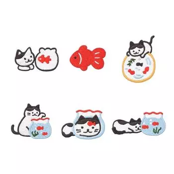 нашивка на липучке с изображением животных, аппликация на липучке ... модная вышивка (кот и золотая рыбка набор из 6 предметов)