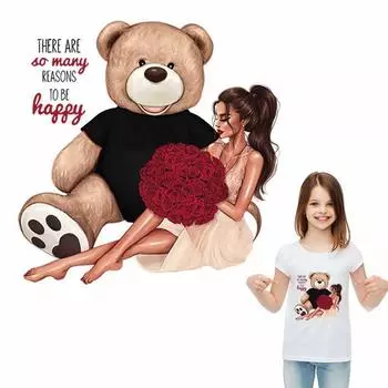 Термонаклейка для одежды, футболки, девушка с розами и мишкой