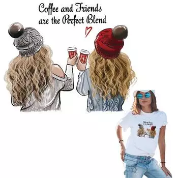 Нашивки для одежды, нашивки для футболок, джинсов, наклейки для теплопередачи, новые моющиеся термонаклейки «Кофе и друзья» 7x5.8cm