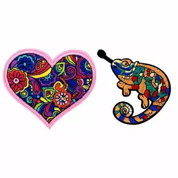 Нашивки с розовым сердцем и хамелеоном, 2 вида, набор, вышитая аппликация, мексиканский череп Калавера, стильная нашивка с розовым хамелеоном [Za-Bi] + термонаклейка /