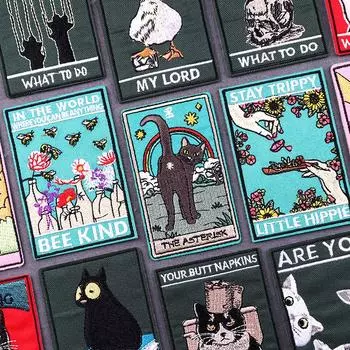 Нашивки с вышитыми мультяшными котами, термоклеевые нашивки для одежды, карты Таро с животными, швейные термоклеевые нашивки для одежды, наклейки, значки