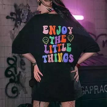 Наслаждайтесь мелочами, женские футболки с надписью и слоганом, летние мягкие хлопковые повседневные футболки с короткими рукавами, модная футболка S чёрный