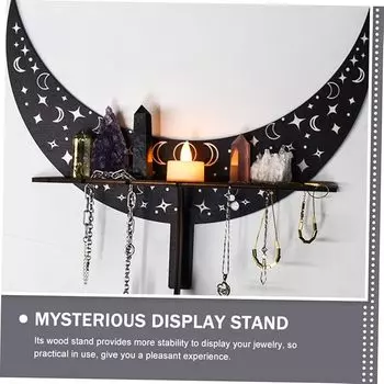 Настенная деревянная полка с фазами Луны для кристаллов и ювелирных изделий, эстетическая полка для домашнего декора с крючками для камней и аксессуаров белый/чёрный