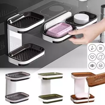 Настенная двухслойная мыльница без дырокола, держатель для слива, органайзер для ванной комнаты, полки чёрный