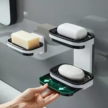 Настенная двухслойная мыльница без дырокола, держатель для слива, кухонный ящик для хранения, органайзер для ванной комнаты, полки single layer чёрный