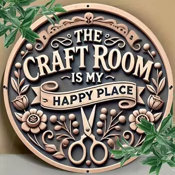 Настенная художественная табличка из металла и алюминия в винтажном стиле «Комната для рукоделия — мое счастливое место» — декоративная табличка размером 8x8 дюймов для спальни, кухни чёрный