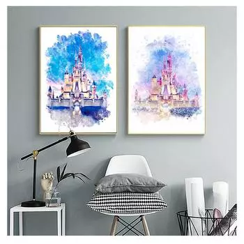 Настенная картина для детской комнаты, мультяшный замок, холст, картина, декор для детской комнаты, украшение для дня рождения, акварельный замок, искусство принцессы 21cm30cm NoFrame
