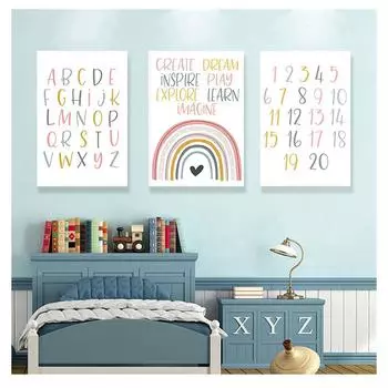Настенная картина для детской комнаты, розовый Радужный постер, скандинавское образование, настенная картина, Декор для детской комнаты, алфавит, номер, холст, живопись 21cm30cm NoFrame