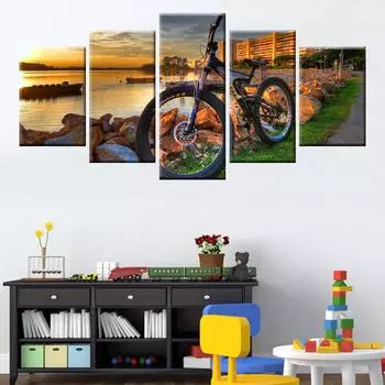 Настенная картина на холсте, 5 панелей, гонки на горных велосипедах, настенное искусство, велосипед, закат, пейзаж, постер, декор для гостиной, спальни, картина без рамки 20x35cm*2 20x45cm*2 20x55cm*1