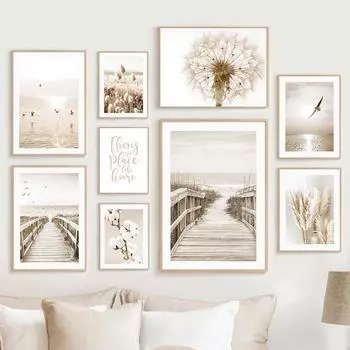 Настенная картина на холсте, бежевая чайка, пляжный мост, тростниковый одуванчик, украшение для гостиной, постеры и принты, настенные панно для дома A4 21X30cm No Framed